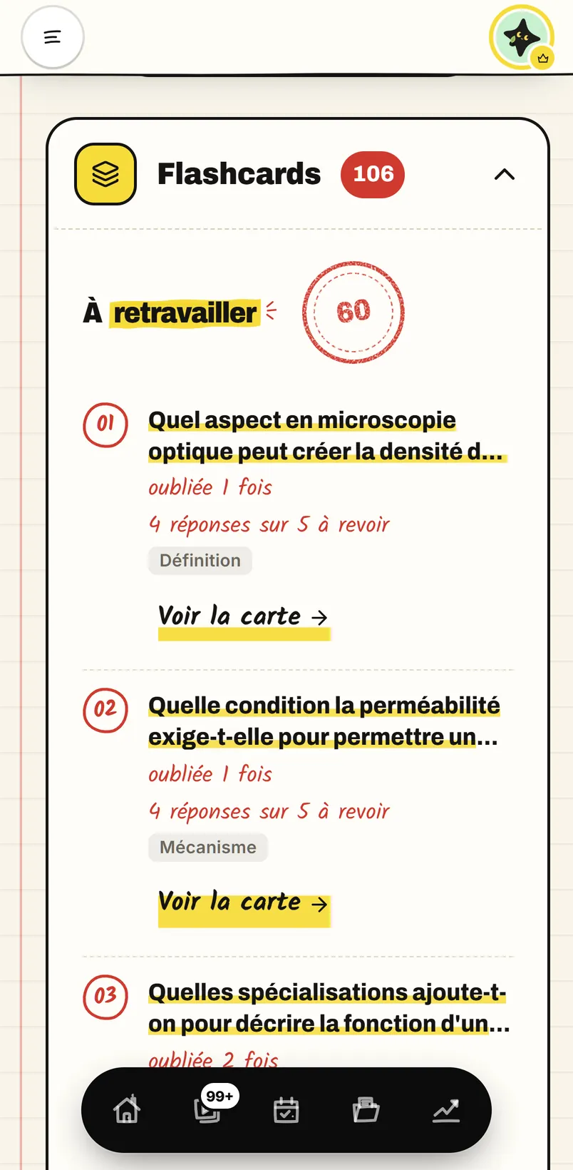 L'écran « Carnet d'erreurs » de l'app sur iPhone