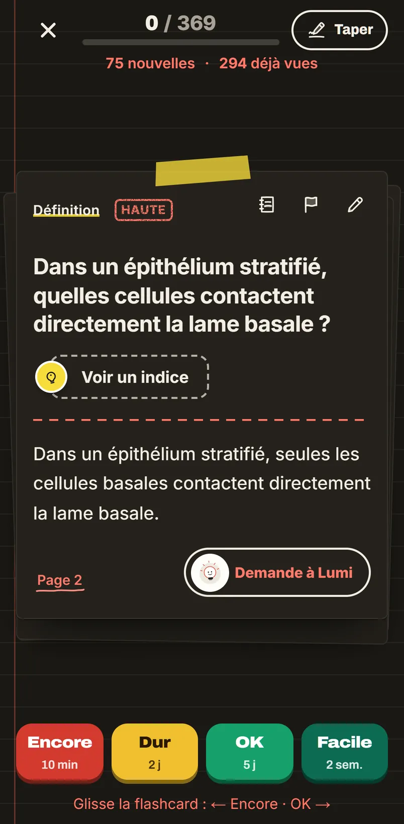 L'écran de révision de l'app : une flashcard, sa réponse et sa page source