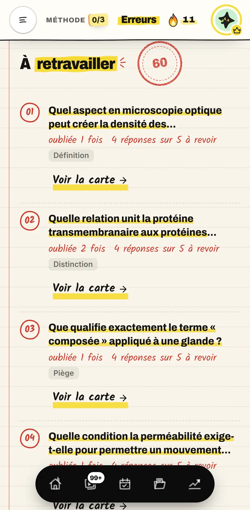 L'écran « Carnet d'erreurs » de l'app sur iPhone