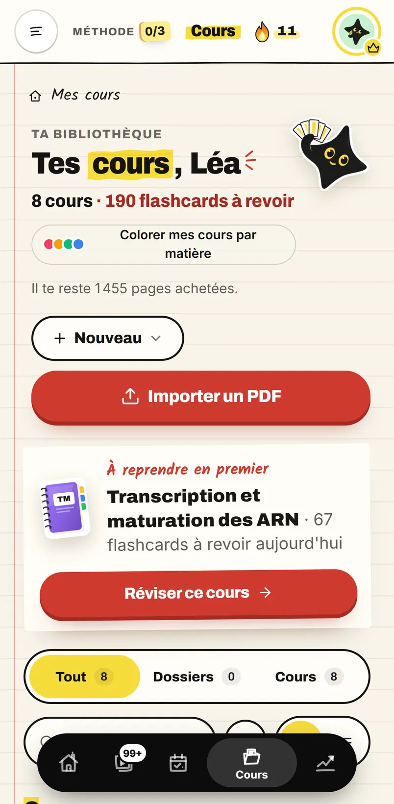 L'écran « Tes cours » de l'app sur iPhone