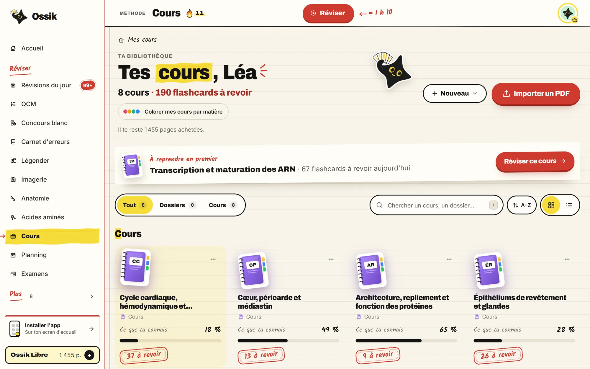 L'écran « Tes cours » de l'app sur ordinateur