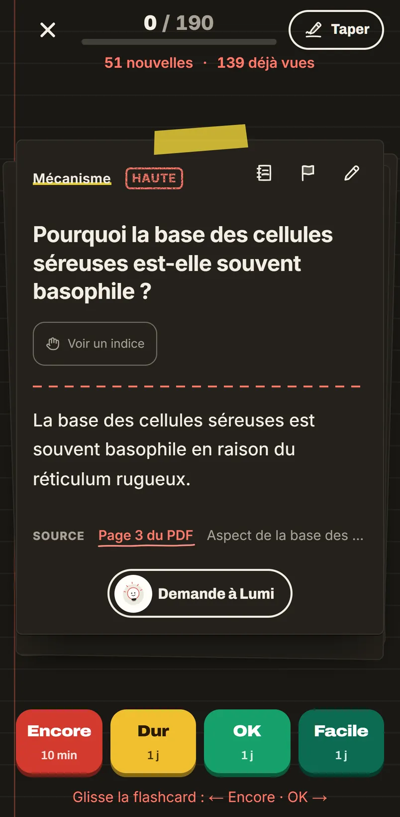 L'écran de révision de l'app : une flashcard, sa réponse et sa page source