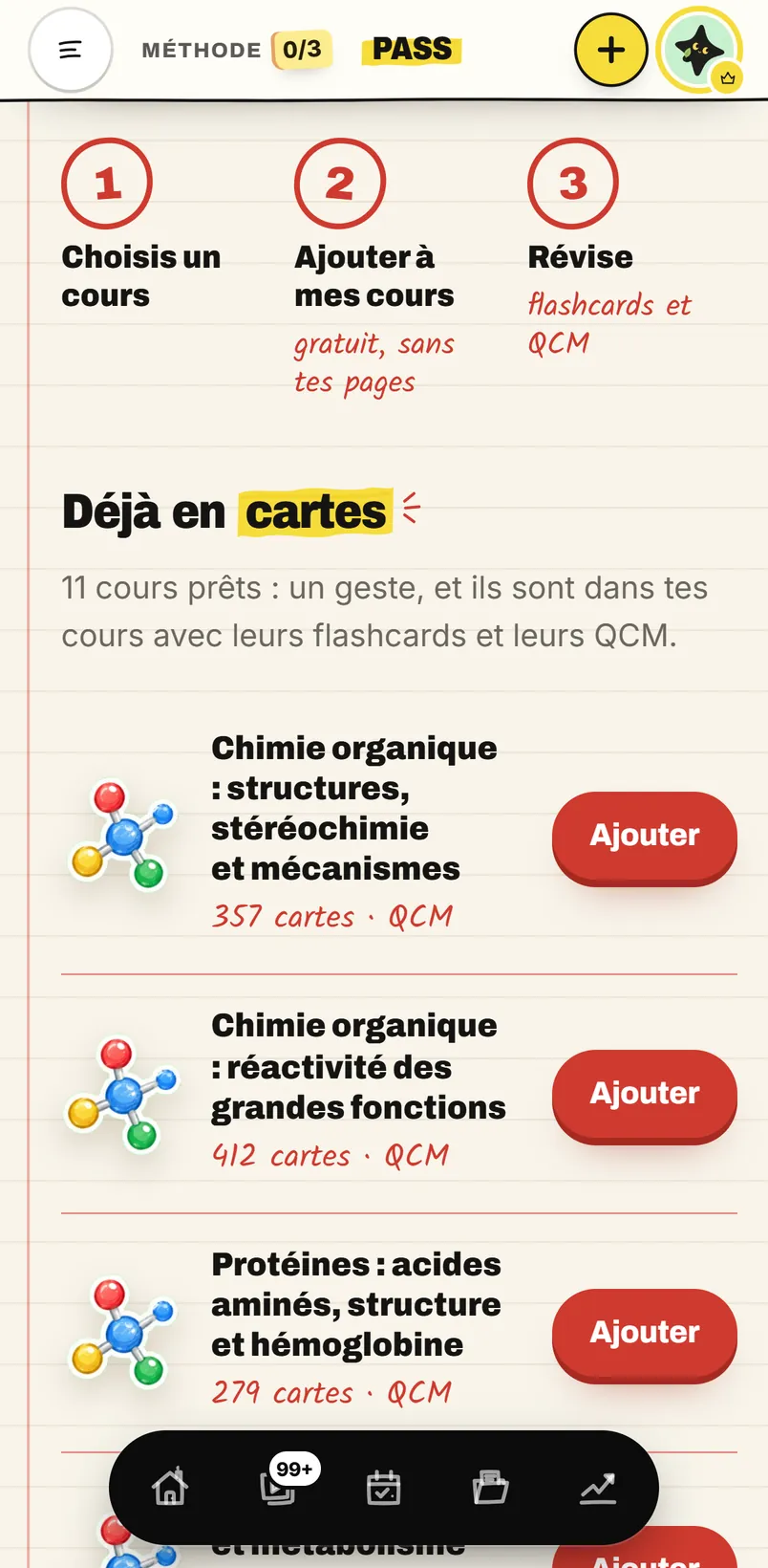 L'écran « Bibliothèque PASS » de l'app sur iPhone : trois étapes, puis les cours déjà en cartes, chacun avec son bouton « Ajouter »