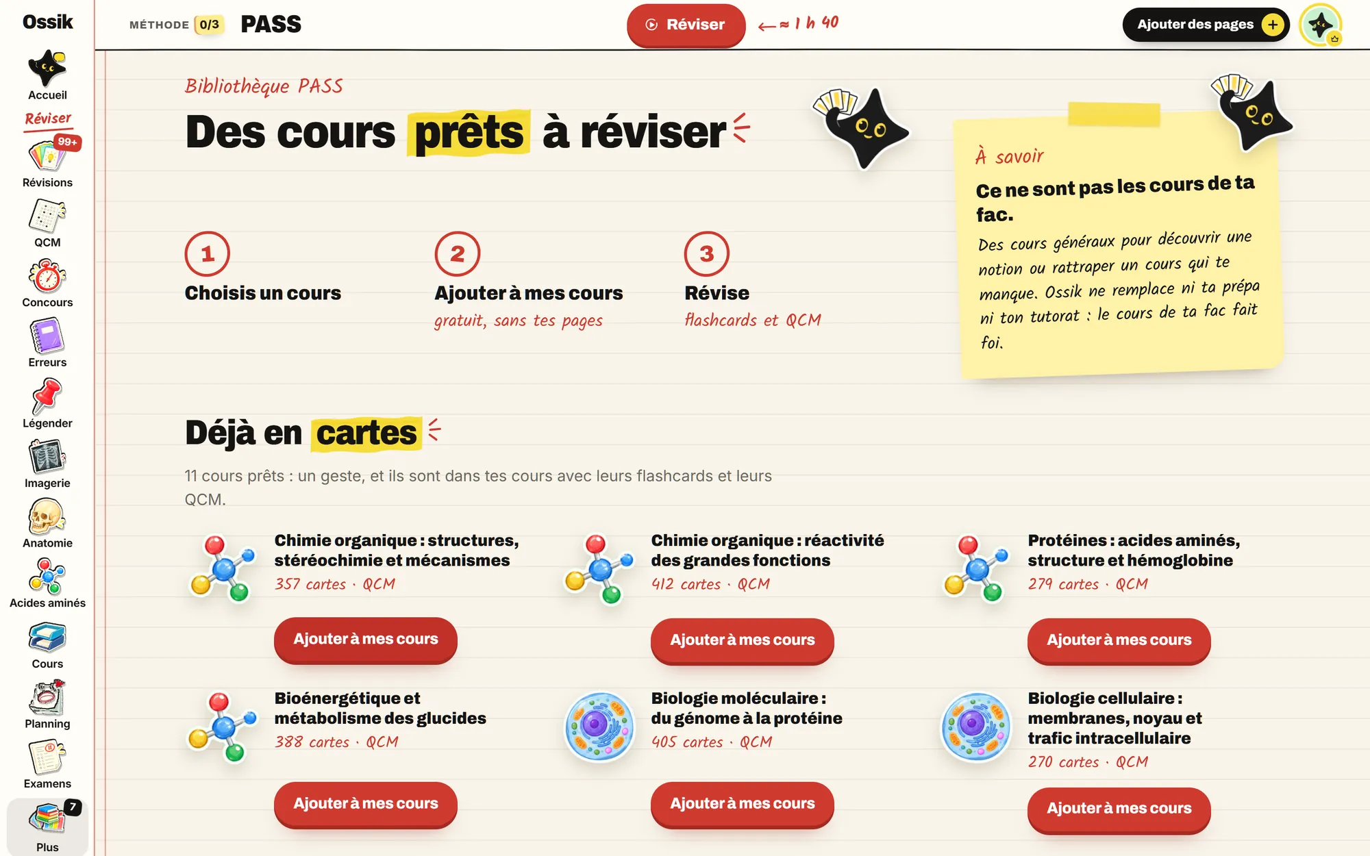 L'écran « Bibliothèque PASS » de l'app sur ordinateur : « Des cours prêts à réviser », trois étapes, puis les cours déjà en cartes, chacun avec son bouton « Ajouter à mes cours »