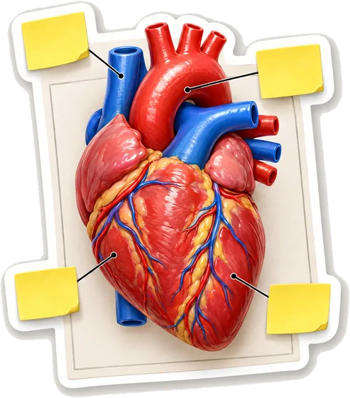 Image occlusion : un schéma du cœur aux légendes cachées par des notes